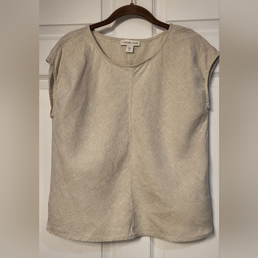 Coldwater Creek Tan Linen Rpund Neck Blouse Size SP Resortwear Summer Neutral